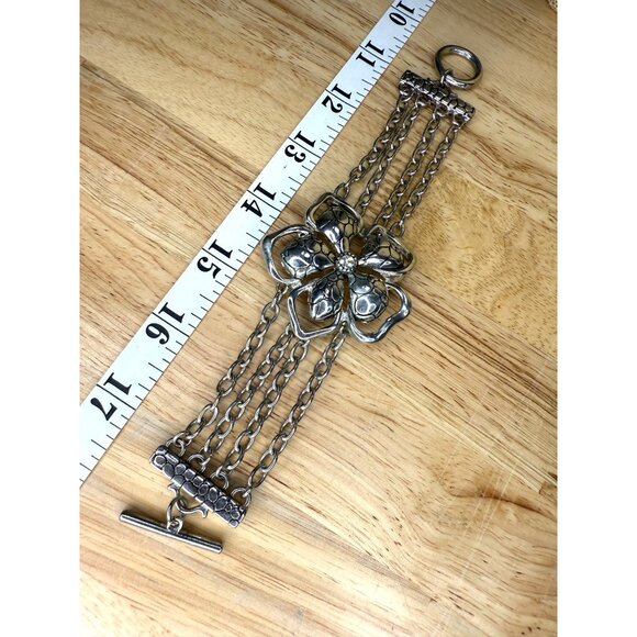 Silvertone Flower Bracelet With Chain Strands & Toggle Closure, Floral, Casual - Picture 2 of 9